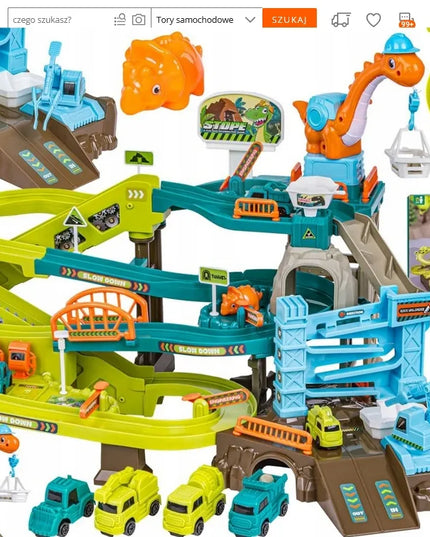 Dinozaurų trasos rinkinys su automobilių nusileidimo aikštele, garažu ir statybvietės elementais