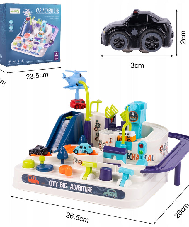 Žaislinė automobilių trasa su sraigtasparniu, interaktyvus parkingas, nusileidimo takas, automobiliukai ir liftas