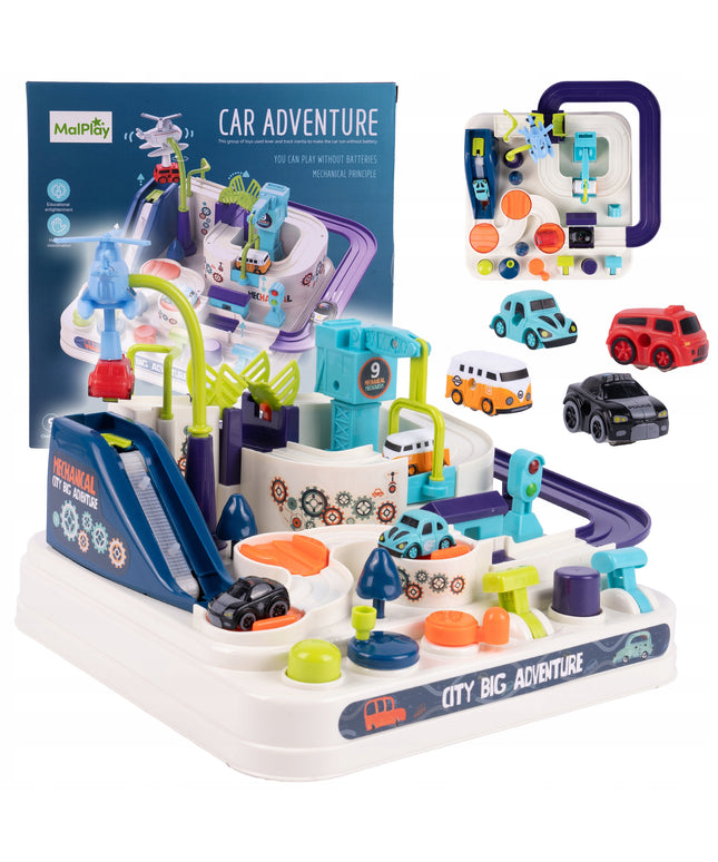 Žaislinė automobilių trasa su sraigtasparniu, interaktyvus parkingas, nusileidimo takas, automobiliukai ir liftas