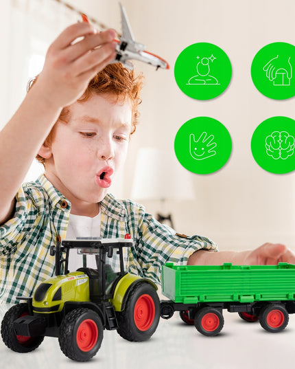 Interaktyvus ūkininko traktorius su priekaba, šviesos ir garso efektai