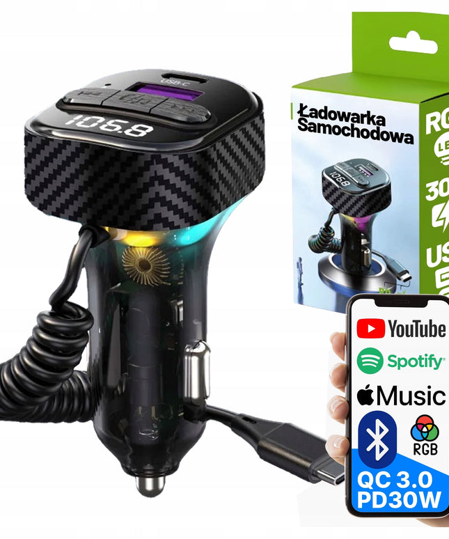 FM SIŲSTUVAS BLUETOOTH AUTOMOBILINIS ĮKROVIKLIS MP3 2x USB-C QC 3.0 PD 30W