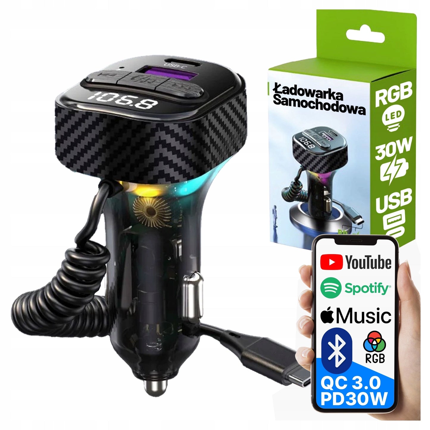 FM SIŲSTUVAS BLUETOOTH AUTOMOBILINIS ĮKROVIKLIS MP3 2x USB-C QC 3.0 PD 30W