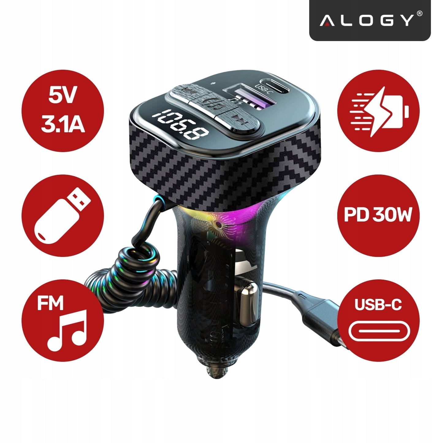 FM SIŲSTUVAS BLUETOOTH AUTOMOBILINIS ĮKROVIKLIS MP3 2x USB-C QC 3.0 PD 30W