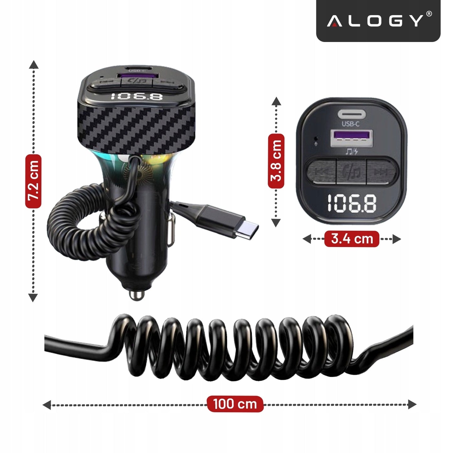 FM SIŲSTUVAS BLUETOOTH AUTOMOBILINIS ĮKROVIKLIS MP3 2x USB-C QC 3.0 PD 30W