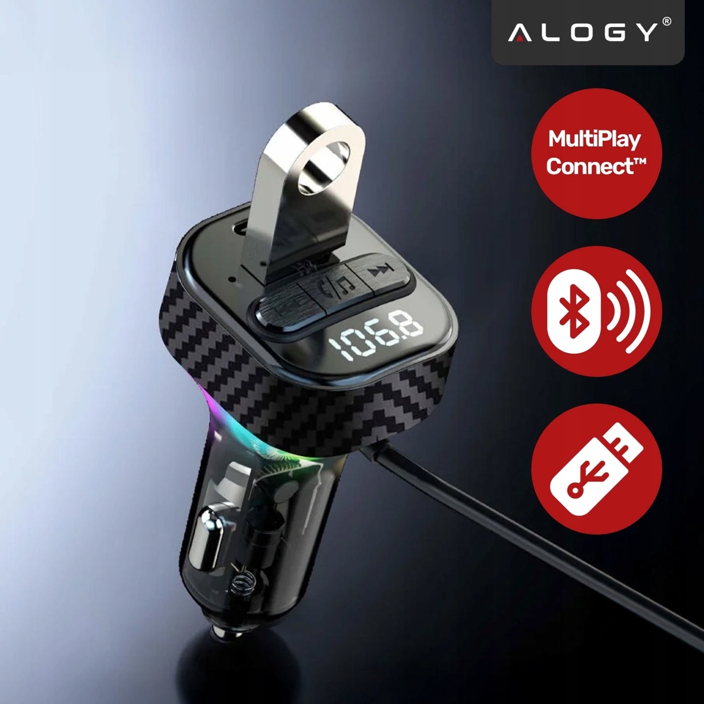 FM SIŲSTUVAS BLUETOOTH AUTOMOBILINIS ĮKROVIKLIS MP3 2x USB-C QC 3.0 PD 30W