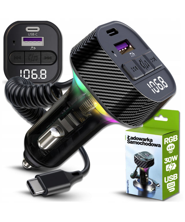 FM SIŲSTUVAS BLUETOOTH AUTOMOBILINIS ĮKROVIKLIS MP3 2x USB-C QC 3.0 PD 30W