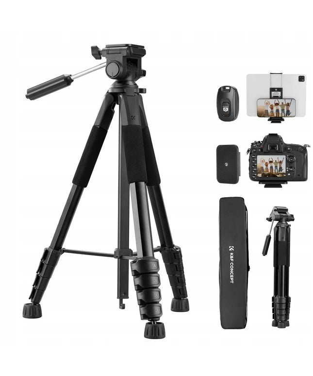 Trikojis stovas telefonui ir fotoaparatui su filmavimo galvute, laikikliu ir Bluetooth nuotolinio valdymo pulteliu