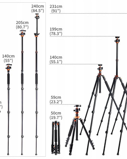 FOTOGRAFINIS TRIKOJIS FOTOAPARATUI, ALIUMININIS, 231 CM, SU HORIZONTALIA KOLONA, K&F