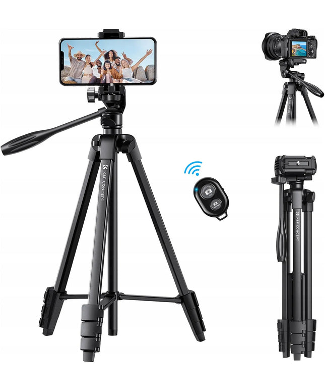 K&F Concept lengvas fotografijos trikojis „TRIPOD“, 150 cm, su „Bluetooth“ nuotolinio valdymo pulteliu ir telefono laikikliu