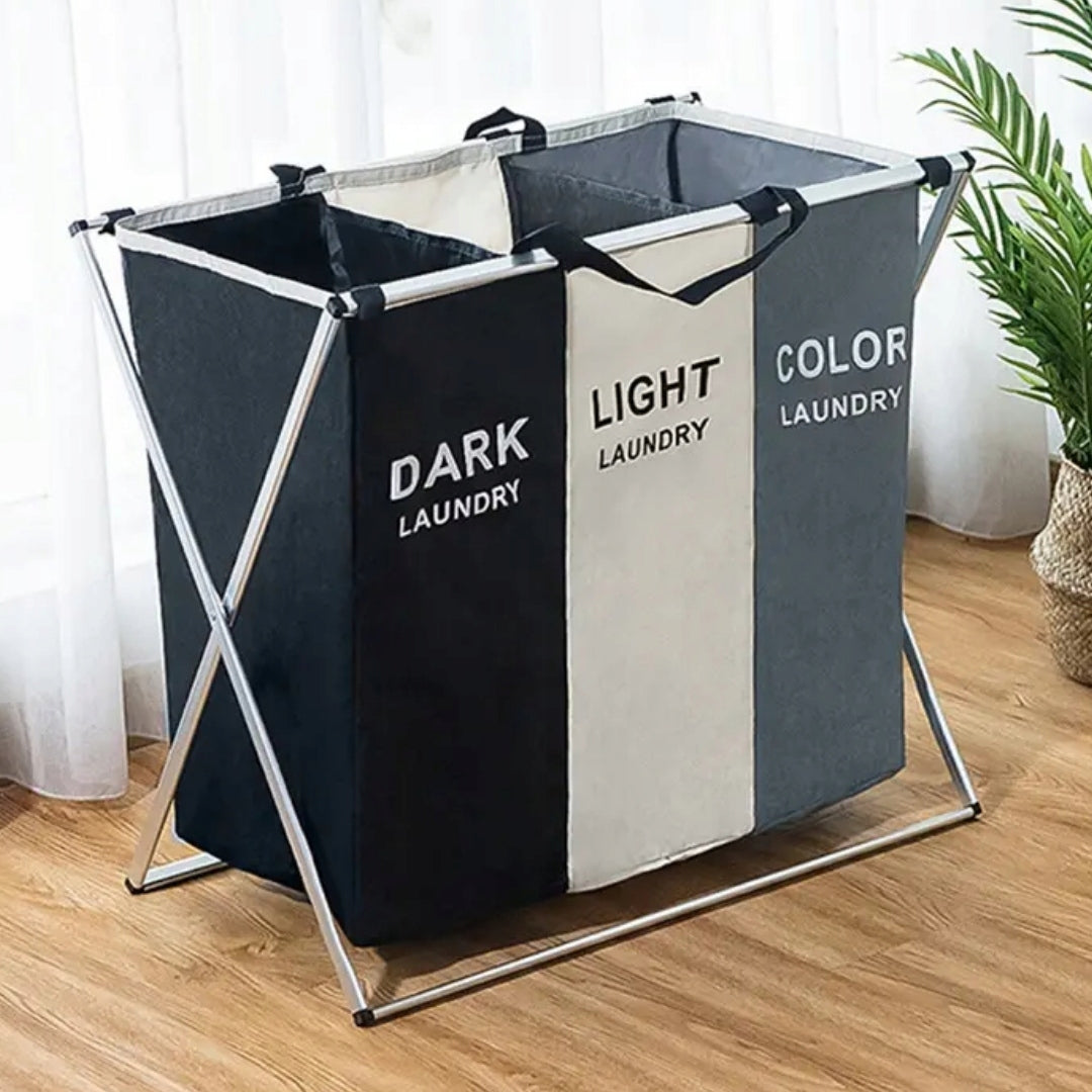 Didelis laisvai statomas skalbinių krepšys su trimis skyriais, XXL dydžio organizatorius