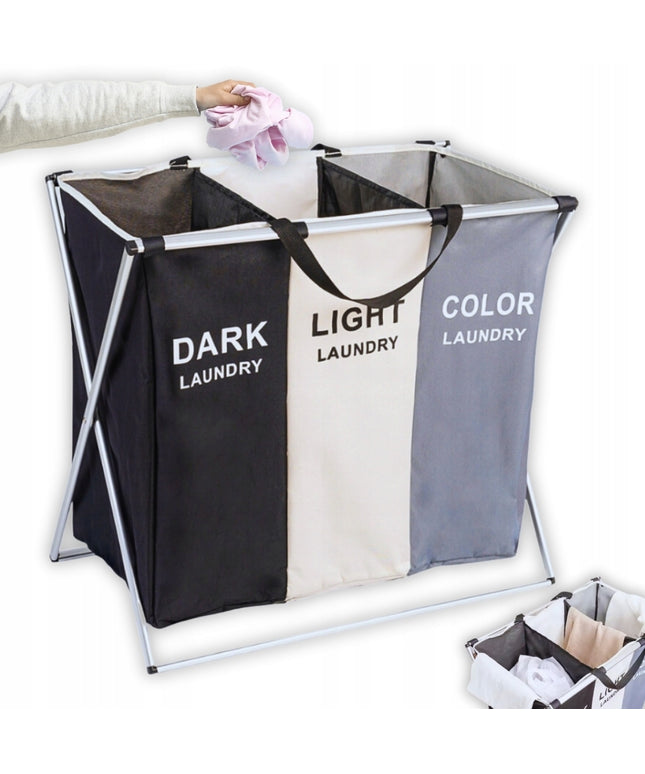 Didelis laisvai statomas skalbinių krepšys su trimis skyriais, XXL dydžio organizatorius