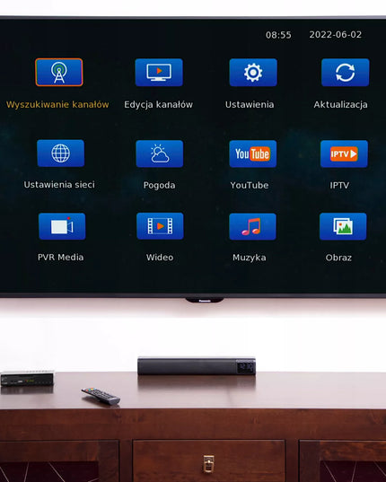 Antžeminės Televizijos DVB-T2 Tiunerio Dekoderis H.265 HEVC Full HD su USB, HDMI ir nuotolinio valdymo pulteliu bei baterijomis