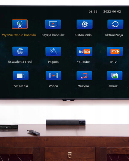 Antžeminės Televizijos DVB-T2 Tiunerio Dekoderis H.265 HEVC Full HD su USB, HDMI ir nuotolinio valdymo pulteliu bei baterijomis