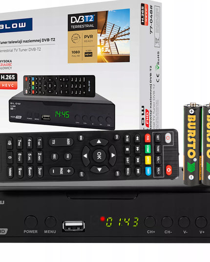 Antžeminės Televizijos DVB-T2 Tiunerio Dekoderis H.265 HEVC Full HD su USB, HDMI ir nuotolinio valdymo pulteliu bei baterijomis