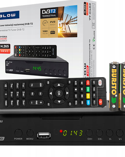 Antžeminės Televizijos DVB-T2 Tiunerio Dekoderis H.265 HEVC Full HD su USB, HDMI ir nuotolinio valdymo pulteliu bei baterijomis