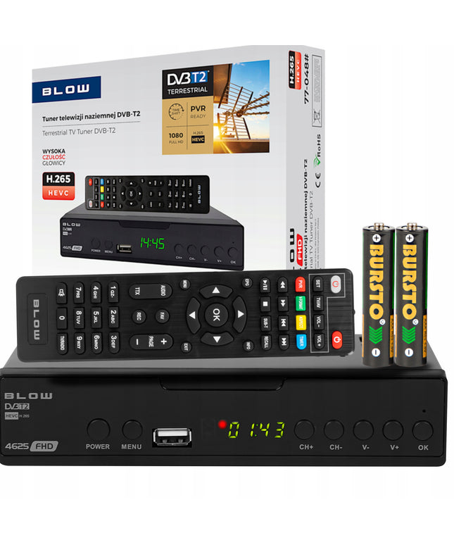 Antžeminės Televizijos DVB-T2 Tiunerio Dekoderis H.265 HEVC Full HD su USB, HDMI ir nuotolinio valdymo pulteliu bei baterijomis