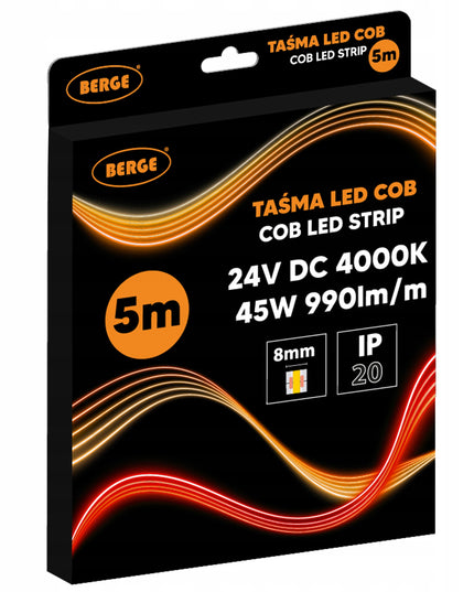COB Neon LED juosta 24V 5m 9W/m 480 diodų 45W 4000K Neutrali Galinga 990lm/m