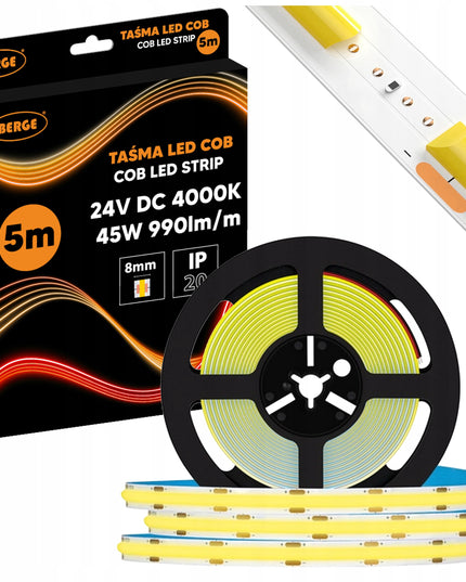 COB Neon LED juosta 24V 5m 9W/m 480 diodų 45W 4000K Neutrali Galinga 990lm/m