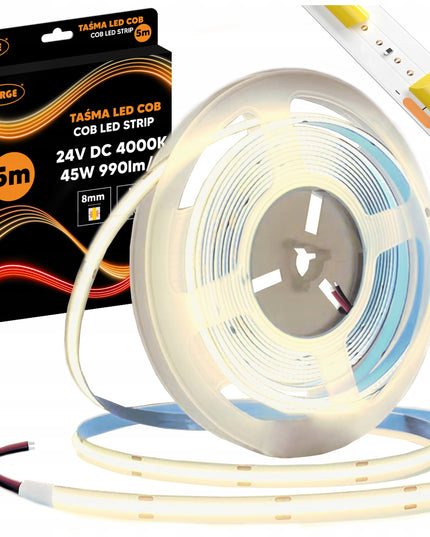COB Neon LED juosta 24V 5m 9W/m 480 diodų 45W 4000K Neutrali Galinga 990lm/m