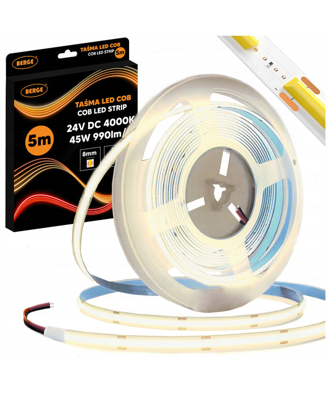 COB Neon LED juosta 24V 5m 9W/m 480 diodų 45W 4000K Neutrali Galinga 990lm/m