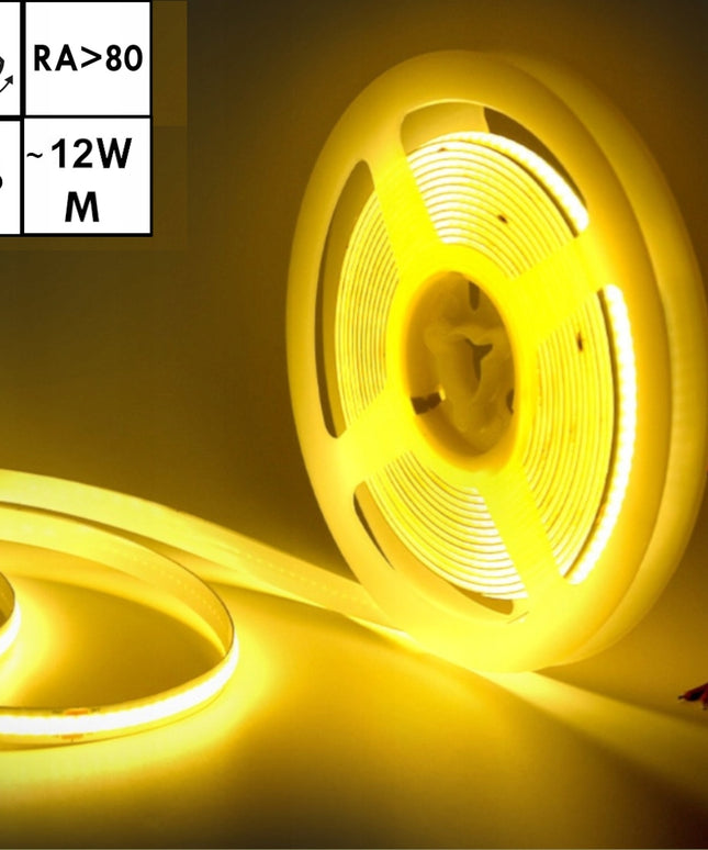 LED juosta Neon COB 12V Šilta 5m 45W Homogeninė 12W/m Ryški LED šviesa