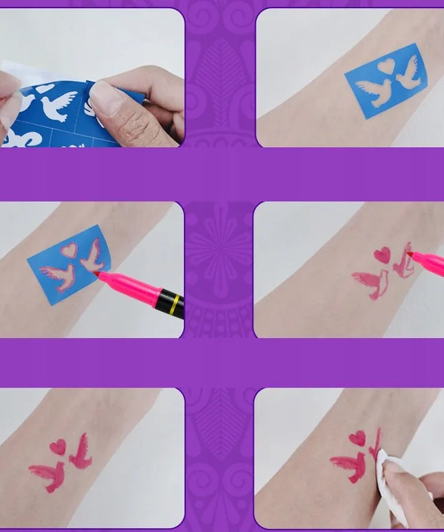 Nuplaunamų tatuiruočių rinkinys vaikams „Colorful Art“ su trafaretais ir 10 flomasterių