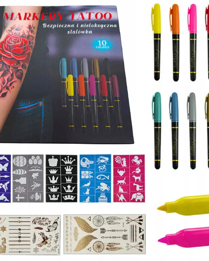 Vaikiškų nuplaunamų tatuiruočių rinkinys su trafaretais ir 10 flomasterių