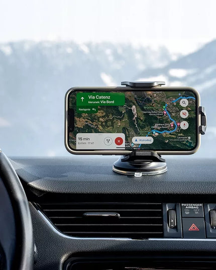 Tvirtas automobilinis laikiklis telefonui ant priekinio stiklo, prietaisų skydelio, salono