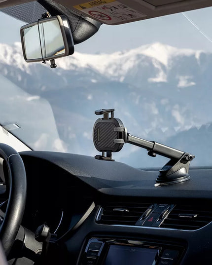 Tvirtas automobilinis laikiklis telefonui ant priekinio stiklo, prietaisų skydelio, salono