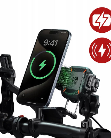 Motociklo telefono laikiklis, antivibracinis, su 15W induktyviu įkrovikliu + USB