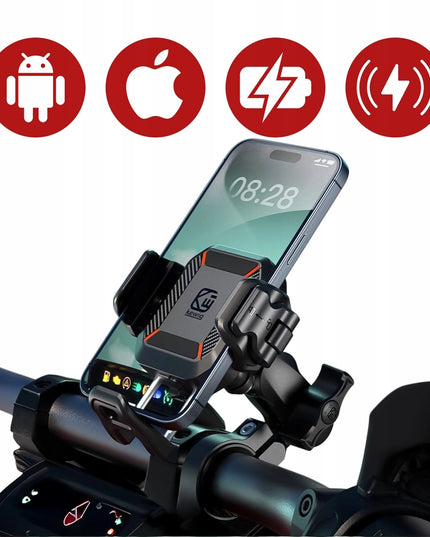 Motociklo telefono laikiklis, antivibracinis, su 15W induktyviu įkrovikliu + USB