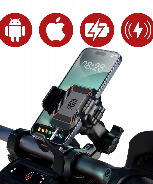 Motociklo telefono laikiklis, antivibracinis, su 15W induktyviu įkrovikliu + USB