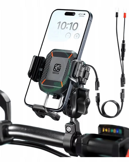 Motociklo telefono laikiklis, antivibracinis, su 15W induktyviu įkrovikliu + USB