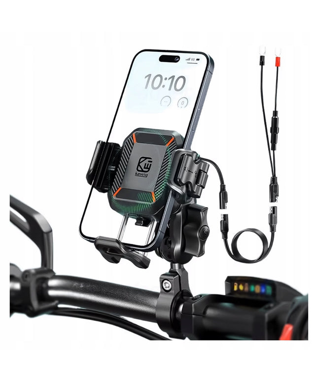 Motociklo telefono laikiklis, antivibracinis, su 15W induktyviu įkrovikliu + USB