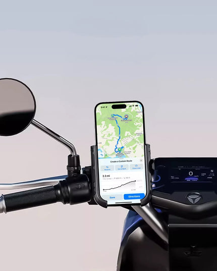Motociklinis telefono laikiklis su antivibracine sistema, skirtas tvirtinti prie vairo, tinkantis motociklams ir dviračiams
