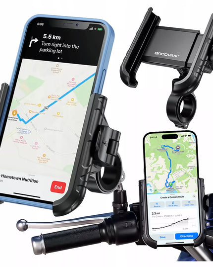 Motociklinis telefono laikiklis su antivibracine sistema, skirtas tvirtinti prie vairo, tinkantis motociklams ir dviračiams