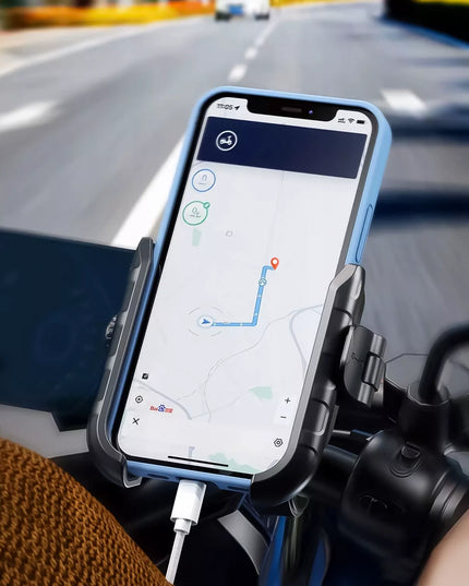 Motociklinis telefono laikiklis su antivibracine sistema, skirtas tvirtinti prie vairo, tinkantis motociklams ir dviračiams