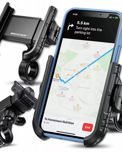 Motociklinis telefono laikiklis su antivibracine sistema, skirtas tvirtinti prie vairo, tinkantis motociklams ir dviračiams