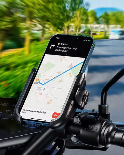 Motociklinis telefono laikiklis su antivibracine sistema, skirtas tvirtinti prie vairo, tinkantis motociklams ir dviračiams