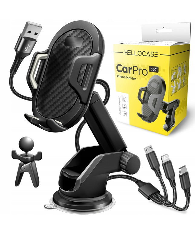 STIPRUS AUTOMOBILINIS TELEFONO LAIKIKLIS ANT STIKLO, PRIETAISŲ SKYDELIO, VENTILIACIJOS GĖLELIŲ + 3IN1 USB LAIDAS