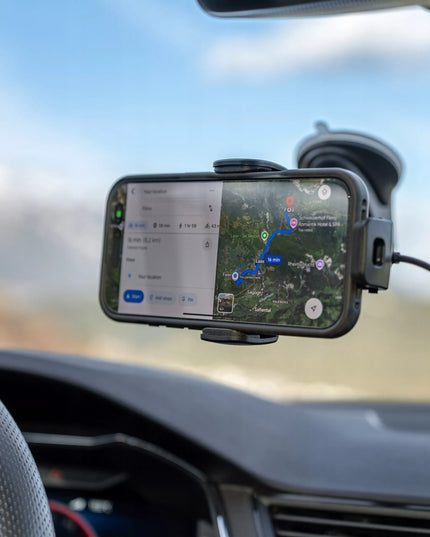 Automobilinis telefono laikiklis su indukciniu įkrovikliu, skirtas tvirtinti prie stiklo