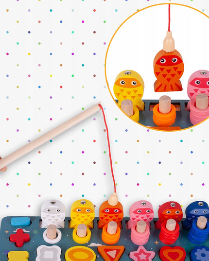 MEDINIS MONTESSORI ŽAIDIMAS-DĖLIONĖ: ŽUVYČIŲ GAUDYMAS, SKAIČIAI, FIGŪROS, TRANSPORTO PRIEMONĖS