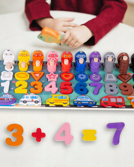 MEDINIS MONTESSORI ŽAIDIMAS-DĖLIONĖ: ŽUVYČIŲ GAUDYMAS, SKAIČIAI, FIGŪROS, TRANSPORTO PRIEMONĖS