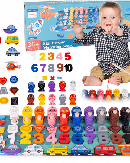 MEDINIS MONTESSORI ŽAIDIMAS-DĖLIONĖ: ŽUVYČIŲ GAUDYMAS, SKAIČIAI, FIGŪROS, TRANSPORTO PRIEMONĖS