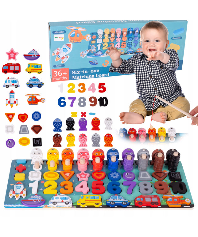 MEDINIS MONTESSORI ŽAIDIMAS-DĖLIONĖ: ŽUVYČIŲ GAUDYMAS, SKAIČIAI, FIGŪROS, TRANSPORTO PRIEMONĖS