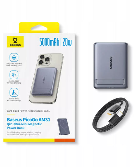 Itin plonas „Baseus“ magnetinis „MagSafe“ indukcinis „powerbank“ 5000 mAh 20 W su atrama