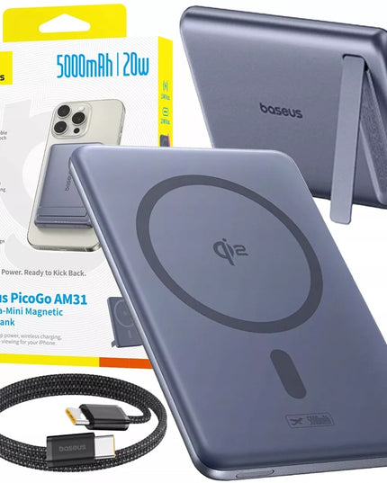Itin plonas „Baseus“ magnetinis „MagSafe“ indukcinis „powerbank“ 5000 mAh 20 W su atrama