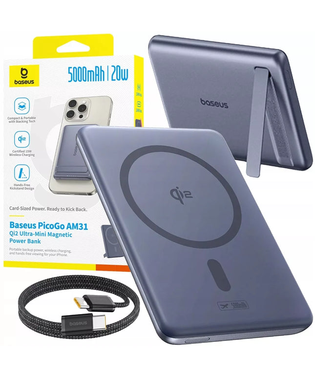 Itin plonas „Baseus“ magnetinis „MagSafe“ indukcinis „powerbank“ 5000 mAh 20 W su atrama