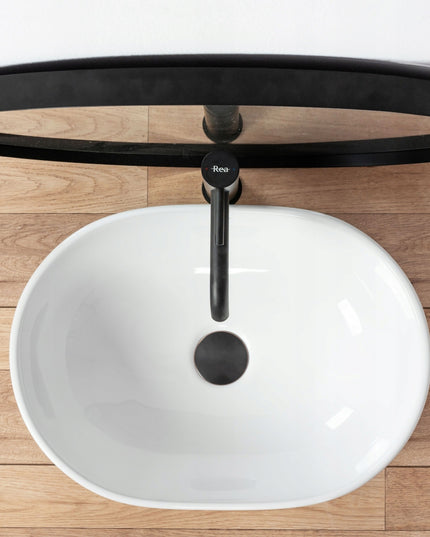 Praustuvas ant stalviršio BALTAS REA AMELIA WHITE OVALUS GILUS KERAMINIS