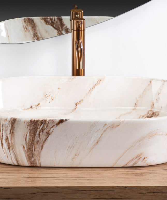 Stalviršinis praustuvas, didelis, ovalus, REA NADIA MARRONE, akmens, smėlio spalvos, 60 cm